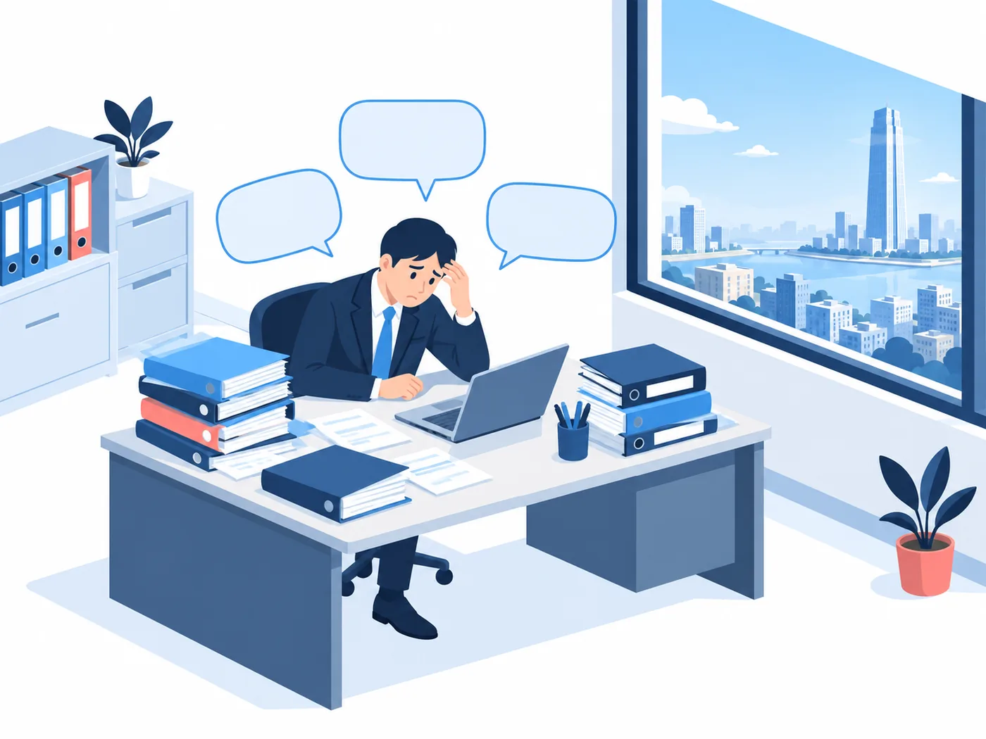 分公司负责人独自面对大量资料的示意图