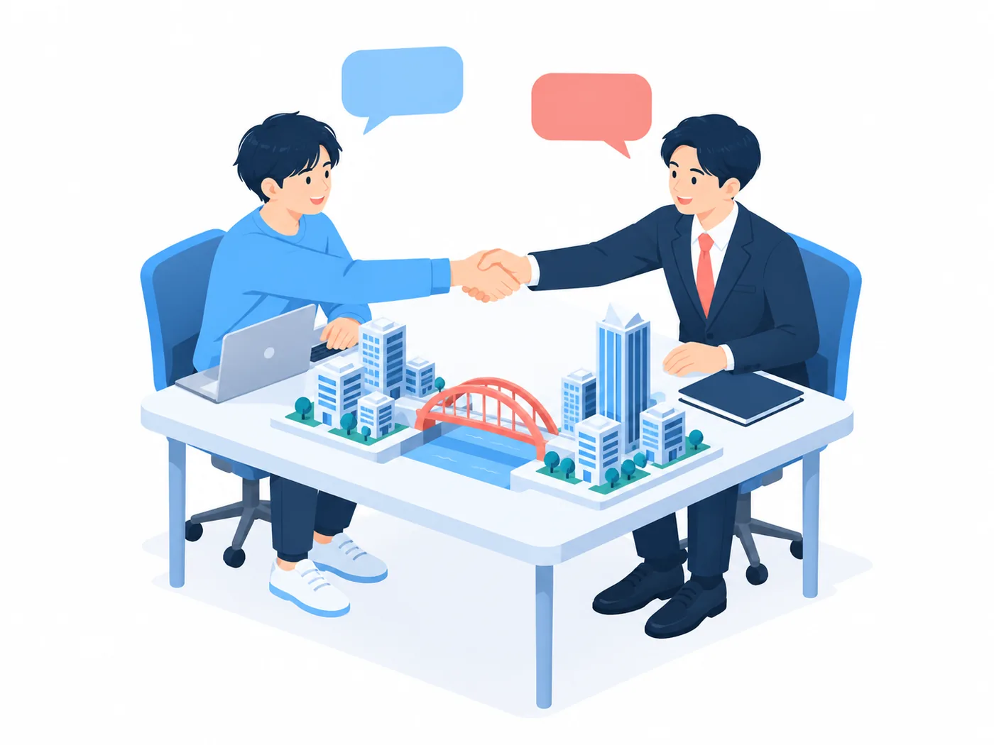 业务负责人与开发者握手的示意图